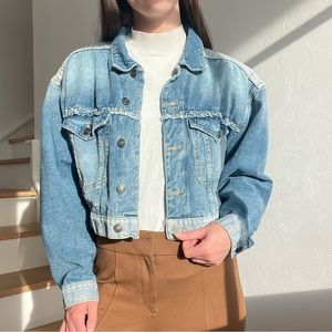 Free People Bedford Cropped Oversized Frayed Denim Jean Jacket Sz S -Fits like M